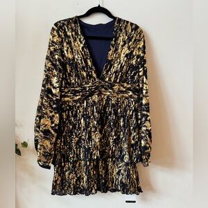 NWT Anewsta Glamorous Navy and Gold Long Sleeve Metallic Flowy Dress Size Large
